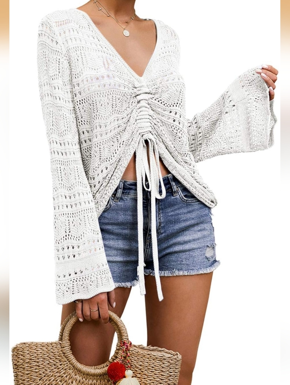 NWT Off- White Open Knit Crochet Drawstring V-Neck Sweater